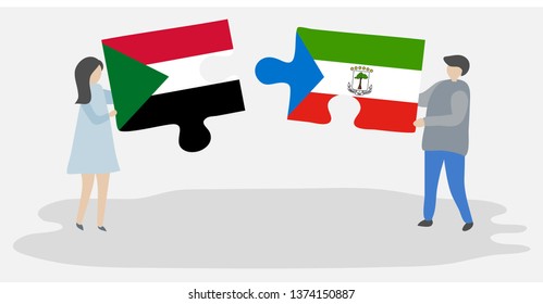 Couple holding two puzzles pieces with Sudanese and Equatorial Guinean flags. Sudan and Equatorial Guinea national symbols together.