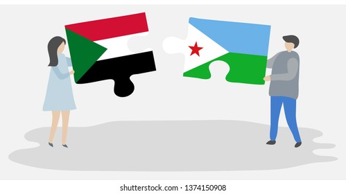 Couple holding two puzzles pieces with Sudanese and Djiboutian flags. Sudan and Djibouti national symbols together.