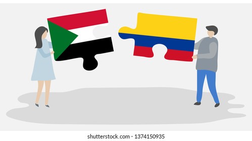Couple holding two puzzles pieces with Sudanese and Colombian flags. Sudan and Colombia national symbols together.