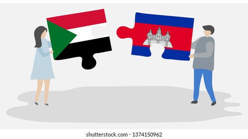 Couple holding two puzzles pieces with Sudanese and Cambodian flags. Sudan and Cambodia national symbols together.