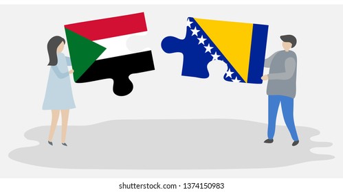 Couple holding two puzzles pieces with Sudanese and Bosnian flags. Sudan and Bosnia and Herzegovina national symbols together.
