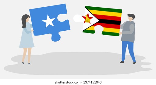 Couple holding two puzzles pieces with Somali and Zimbabwean flags. Somalia and Zimbabwe national symbols together.