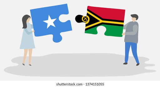 Couple holding two puzzles pieces with Somali and Vanuatuan flags. Somalia and Vanuatu national symbols together.