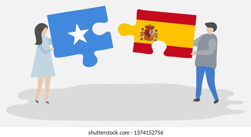 Couple holding two puzzles pieces with Somali and Spanish flags. Somalia and Spain national symbols together.
