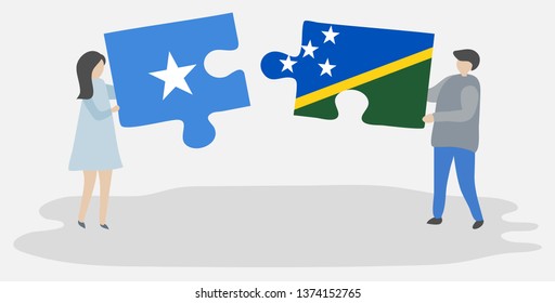 Couple holding two puzzles pieces with Somali and Solomon Island flags. Somalia and Solomon Islands national symbols together.