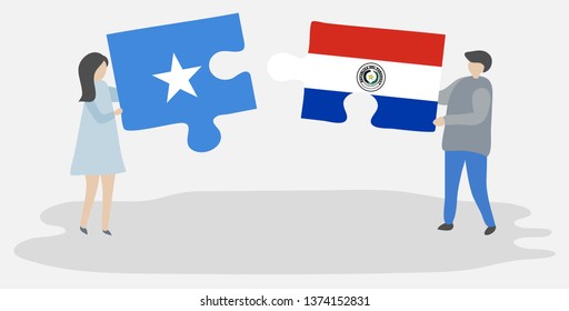 Couple holding two puzzles pieces with Somali and Paraguayan flags. Somalia and Paraguay national symbols together.