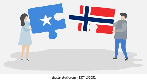 Couple holding two puzzles pieces with Somali and Norwegian flags. Somalia and Norway national symbols together.