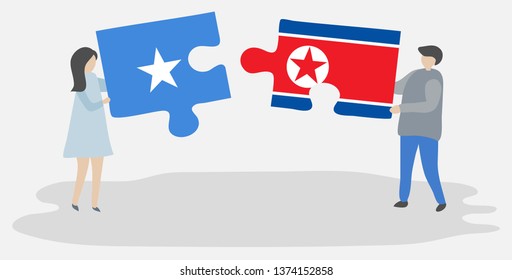 Couple holding two puzzles pieces with Somali and North Korean flags. Somalia and North Korea national symbols together.