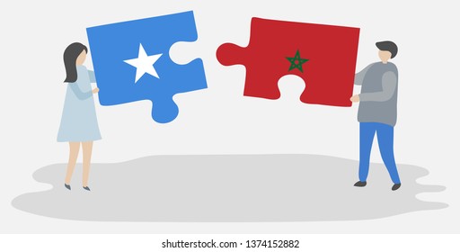 Couple holding two puzzles pieces with Somali and Moroccan flags. Somalia and Morocco national symbols together.