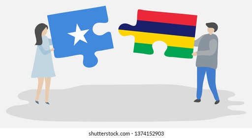 Couple holding two puzzles pieces with Somali and Mauritian flags. Somalia and Mauritius national symbols together.