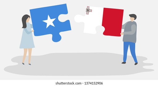 Couple holding two puzzles pieces with Somali and Maltese flags. Somalia and Malta national symbols together.