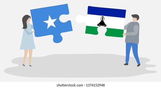 Couple holding two puzzles pieces with Somali and Basotho flags. Somalia and Lesotho national symbols together.