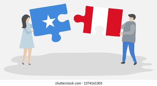 Couple holding two puzzles pieces with Somali and Peruvian flags. Somalia and Peru national symbols together.