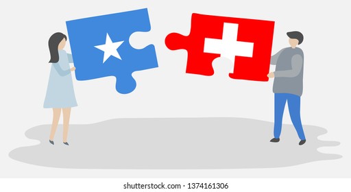 Couple holding two puzzles pieces with Somali and Swiss flags. Somalia and Switzerland national symbols together.