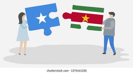 Couple holding two puzzles pieces with Somali and Surinamese flags. Somalia and Suriname national symbols together.