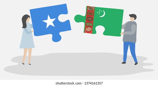 Couple holding two puzzles pieces with Somali and Turkmen flags. Somalia and Turkmenistan national symbols together.