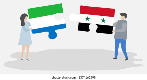 Couple holding two puzzles pieces with Sierra Leonean and Syrian flags. Sierra Leone and Syria national symbols together.