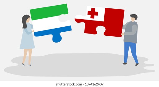 Couple holding two puzzles pieces with Sierra Leonean and Tongan flags. Sierra Leone and Tonga national symbols together.