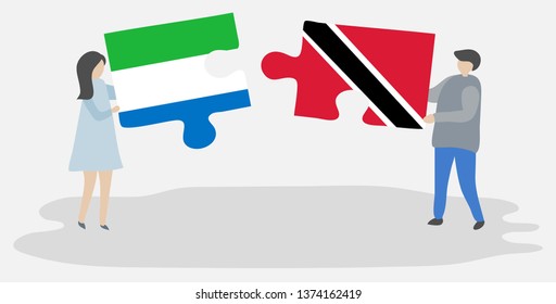 Couple holding two puzzles pieces with Sierra Leonean and Trinidadian flags. Sierra Leone and Trinidad and Tobago national symbols together.