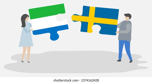 Couple holding two puzzles pieces with Sierra Leonean and Swedish flags. Sierra Leone and Sweden national symbols together.