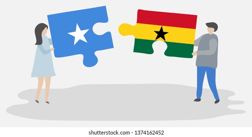 Couple holding two puzzles pieces with Somali and Ghanaian flags. Somalia and Ghana national symbols together.