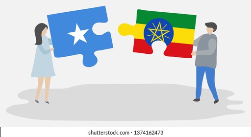 Couple holding two puzzles pieces with Somali and Ethiopian flags. Somalia and Ethiopia national symbols together.