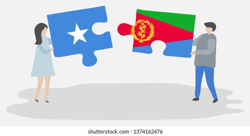 Couple holding two puzzles pieces with Somali and Eritrean flags. Somalia and Eritrea national symbols together.