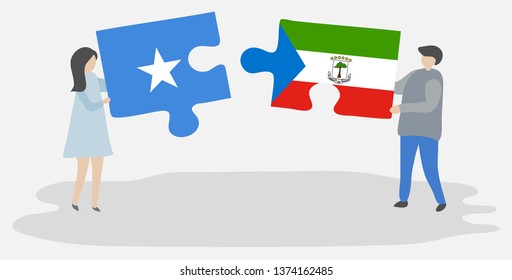 Couple holding two puzzles pieces with Somali and Equatorial Guinean flags. Somalia and Equatorial Guinea national symbols together.