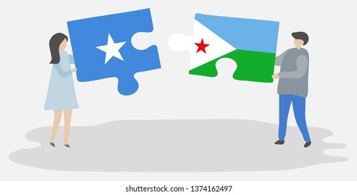 Couple holding two puzzles pieces with Somali and Djiboutian flags. Somalia and Djibouti national symbols together.