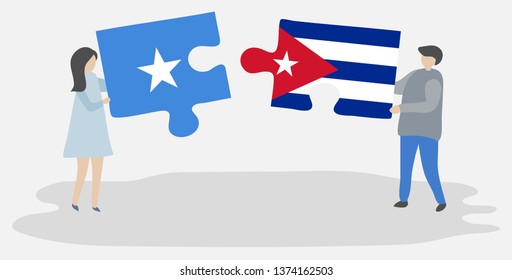 Couple holding two puzzles pieces with Somali and Cuban flags. Somalia and Cuba national symbols together.