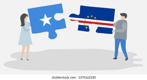 Couple holding two puzzles pieces with Somali and Cabo Verdean flags. Somalia and Cape Verde national symbols together.