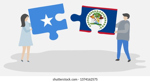 Couple holding two puzzles pieces with Somali and Belizean flags. Somalia and Belize national symbols together.