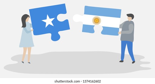 Couple holding two puzzles pieces with Somali and Argentine flags. Somalia and Argentina national symbols together.