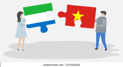 Couple holding two puzzles pieces with Sierra Leonean and Vietnamese flags. Sierra Leone and Vietnam national symbols together.