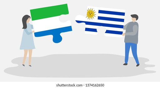 Couple holding two puzzles pieces with Sierra Leonean and Uruguayan flags. Sierra Leone and Uruguay national symbols together.