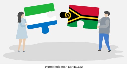 Couple holding two puzzles pieces with Sierra Leonean and Vanuatuan flags. Sierra Leone and Vanuatu national symbols together.