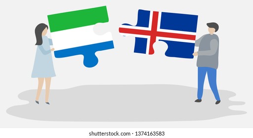 Couple holding two puzzles pieces with Sierra Leonean and Icelandic flags. Sierra Leone and Iceland national symbols together.