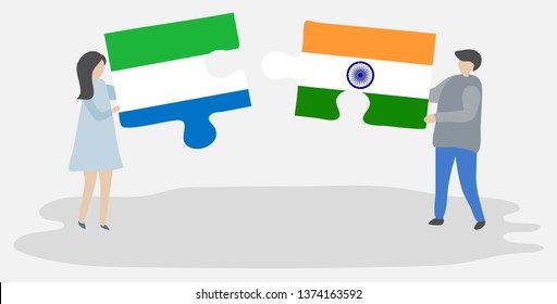 Couple holding two puzzles pieces with Sierra Leonean and Indian flags. Sierra Leone and India national symbols together.