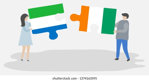 Couple holding two puzzles pieces with Sierra Leonean and Ivorian flags. Sierra Leone and Ivory Coast national symbols together.