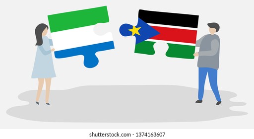 Couple holding two puzzles pieces with Sierra Leonean and South Sudanese flags. Sierra Leone and South Sudan national symbols together.
