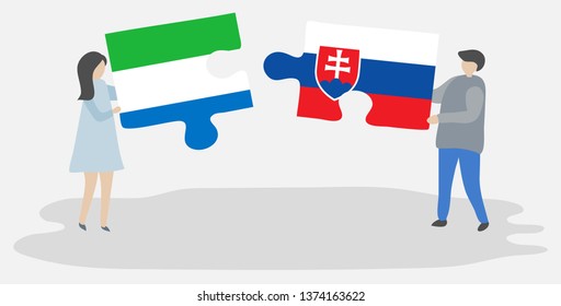 Couple holding two puzzles pieces with Sierra Leonean and Slovak flags. Sierra Leone and Slovakia national symbols together.