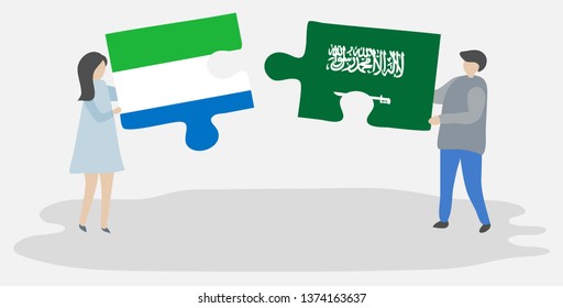 Couple holding two puzzles pieces with Sierra Leonean and Saudi Arabian flags. Sierra Leone and Saudi Arabia national symbols together.