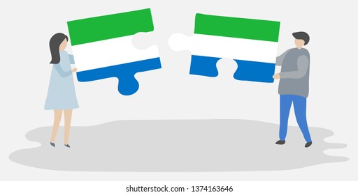 Couple holding two puzzles pieces with Sierra Leonean and Sierra Leonean flags. Sierra Leone and Sierra Leone national symbols together.