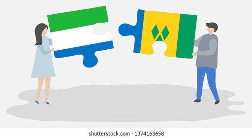 Couple holding two puzzles pieces with Sierra Leonean and Vincentian flags. Sierra Leone and Saint Vincent and the Grenadines national symbols together.