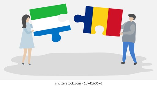 Couple holding two puzzles pieces with Sierra Leonean and Romanian flags. Sierra Leone and Romania national symbols together.