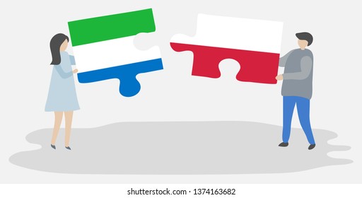 Couple holding two puzzles pieces with Sierra Leonean and Polish flags. Sierra Leone and Poland national symbols together.