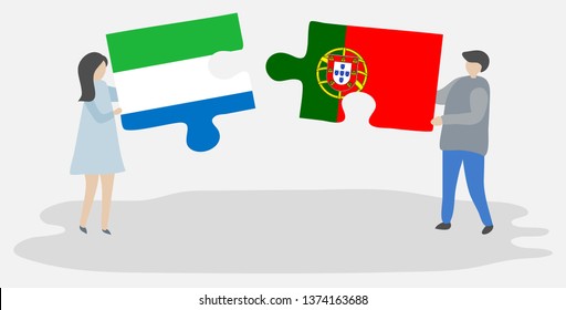 Couple holding two puzzles pieces with Sierra Leonean and Portuguese flags. Sierra Leone and Portugal national symbols together.