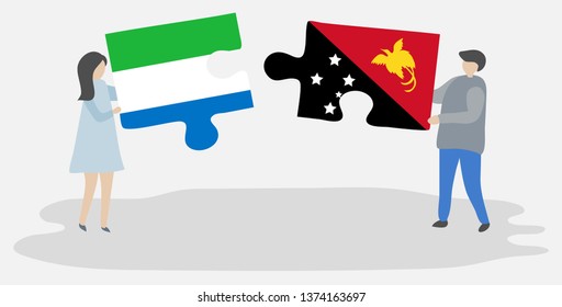 Couple holding two puzzles pieces with Sierra Leonean and Papuan flags. Sierra Leone and Papua New Guinea national symbols together.