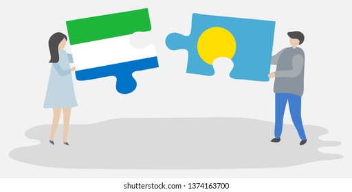 Couple holding two puzzles pieces with Sierra Leonean and Palauan flags. Sierra Leone and Palau national symbols together.