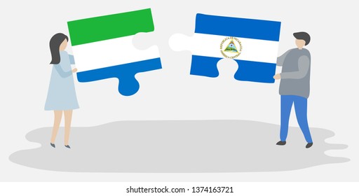 Couple holding two puzzles pieces with Sierra Leonean and Nicaraguan flags. Sierra Leone and Nicaragua national symbols together.